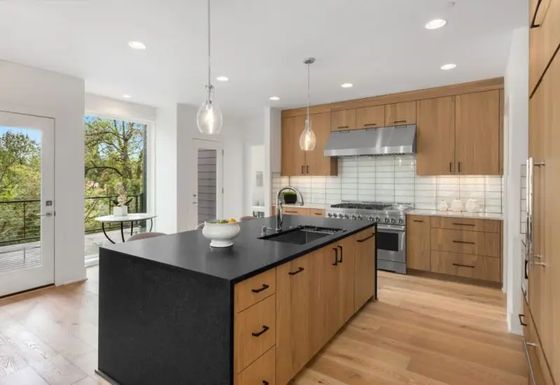 Wood cabinets in remodeled kitchen