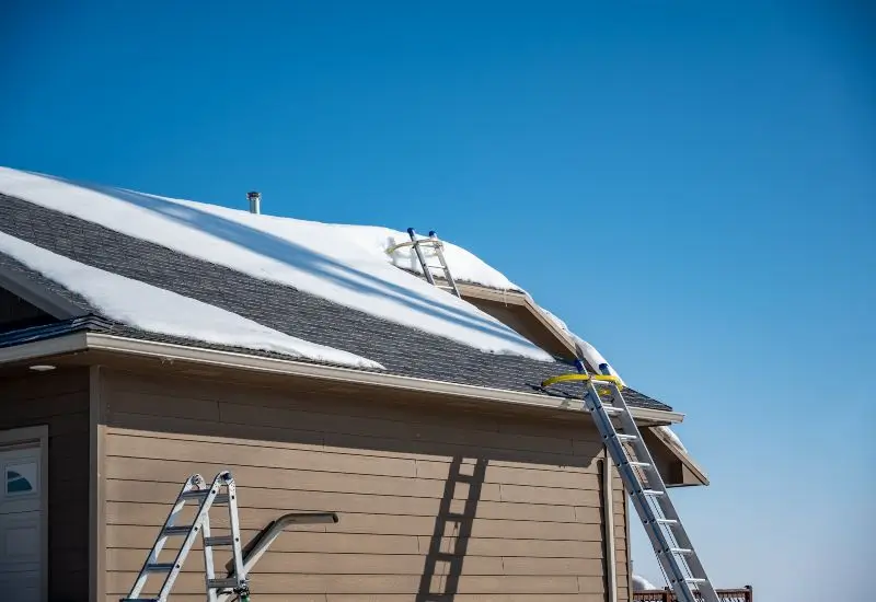 Ladders setup on residential roof for inspection