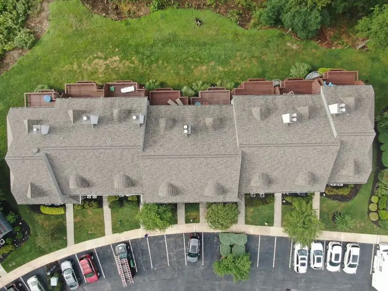 Aerial view of townhome roofs